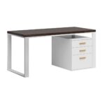 Weißer Schreibtisch mit Schubladen und eichenbrauner Platte 160x70