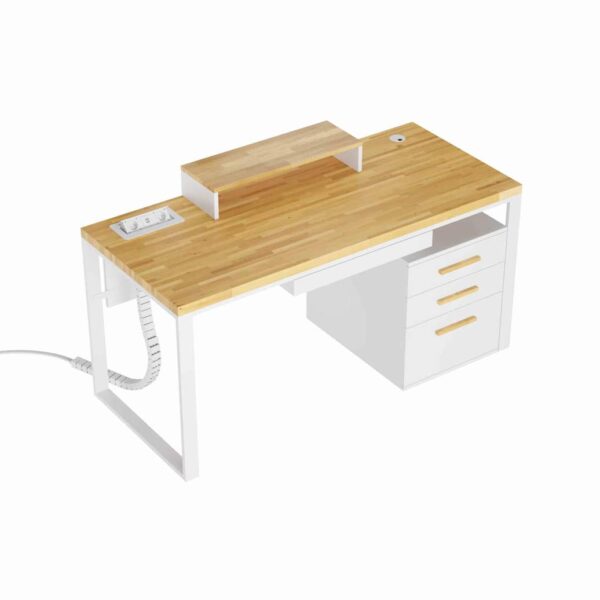 weißer Schreibtisch mit Rollcontainer und weißem Verlängerungskabel