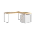 Weißer Eckschreibtisch mit Holzplatte loft + Sockel
