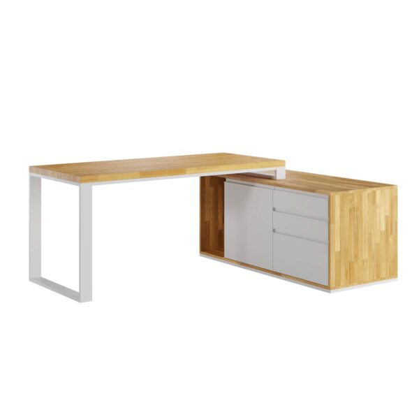 weißer Schreibtisch mit langem Rollcontainer mit Schubladen und Platz für Dokumente