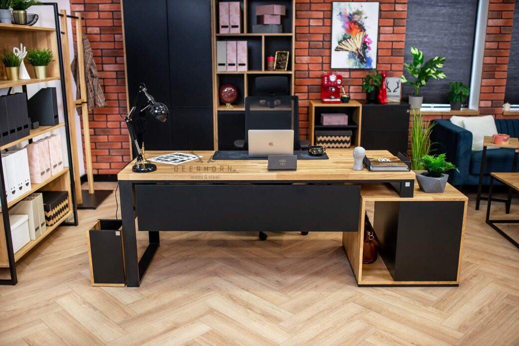 Holzschreibtisch mit Loft-Office plus Rollcontainer Deerhorn