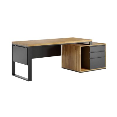 Schreibtisch aus Holz mit schwarzen Elementen und Sockel auf der rechten Seite