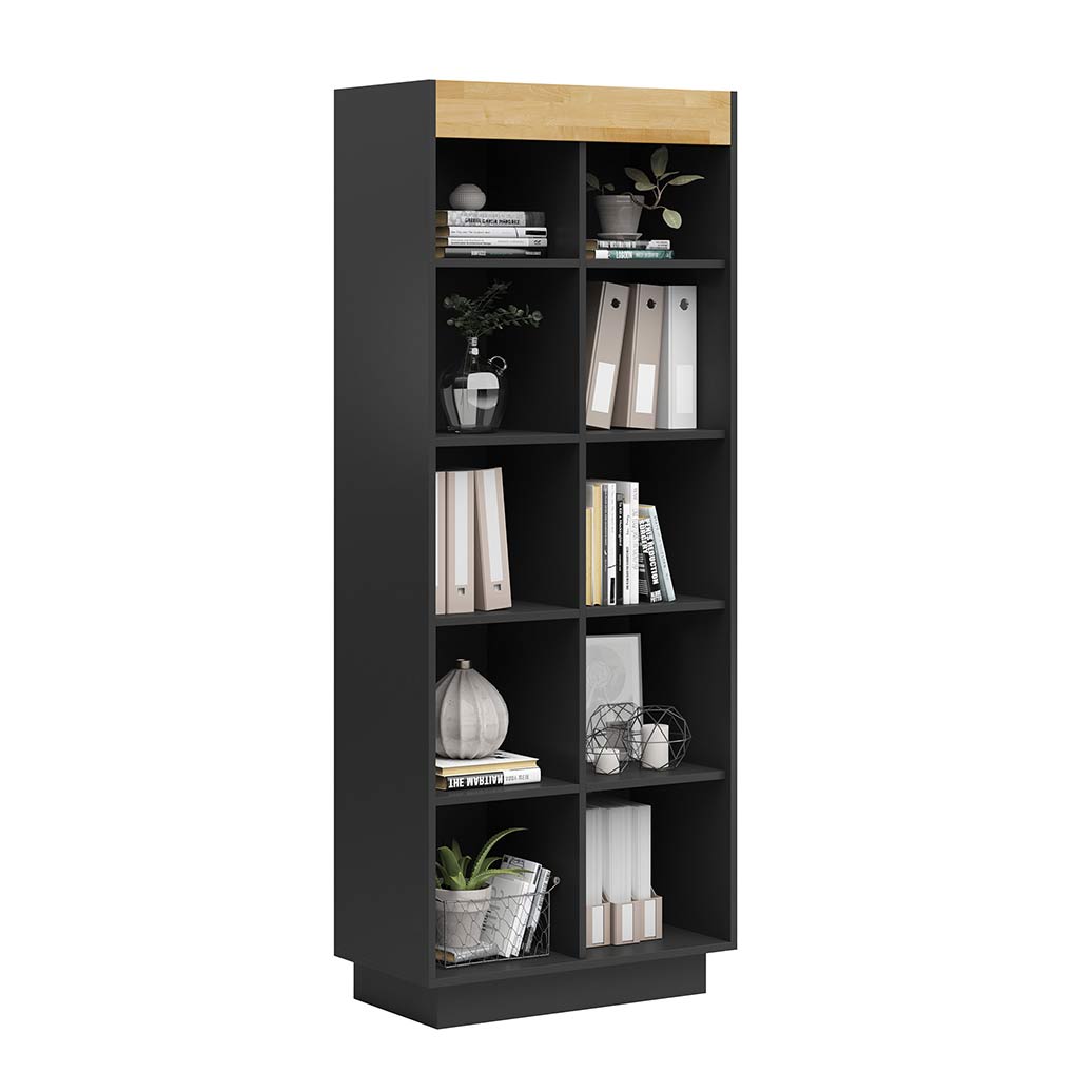 szeroki czarny regał biurowy z półkami