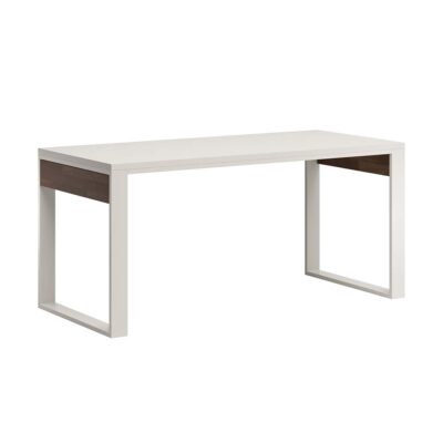 białe biurko do biura ze wstawką drewnianą