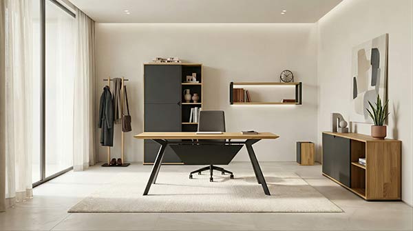 Holzmöbel mit schwarzen Elementen in einem Büro