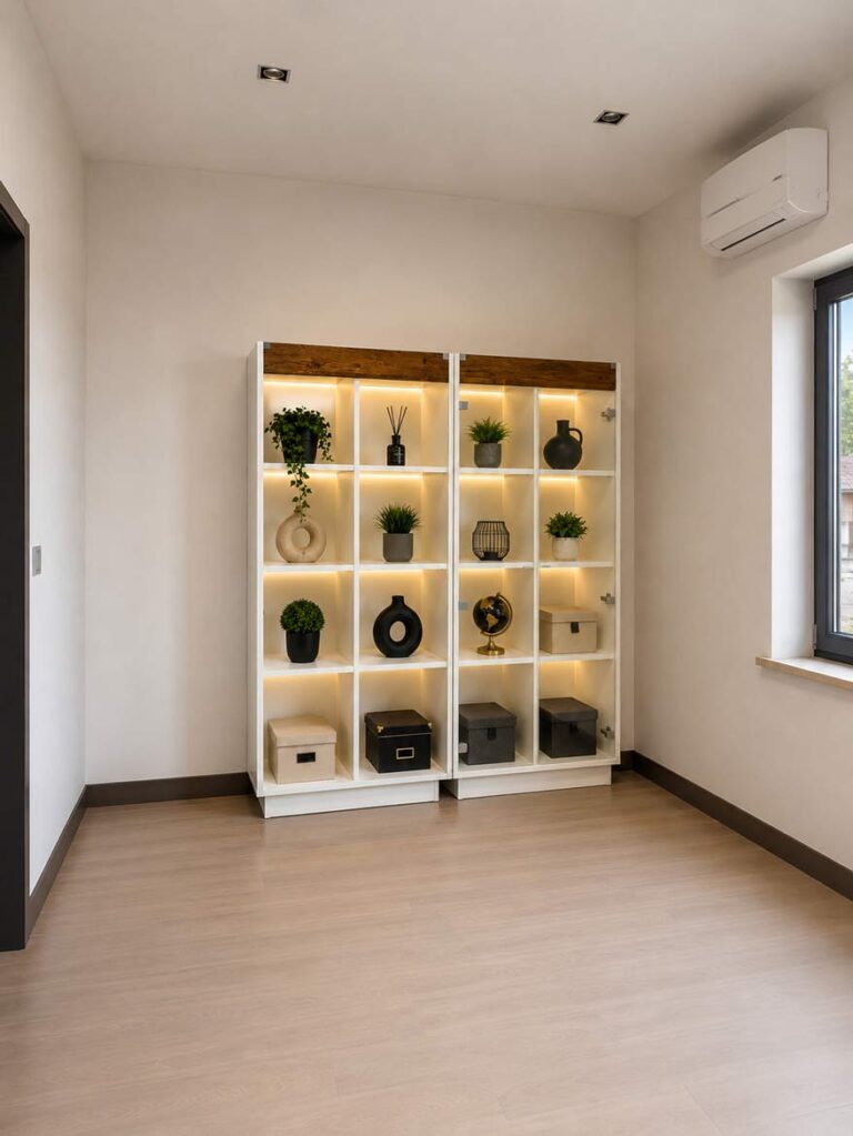 Ein Regal mit LED-Beleuchtung und eine Vitrine für das Wohnzimmer von Frau Agata aus Warschau