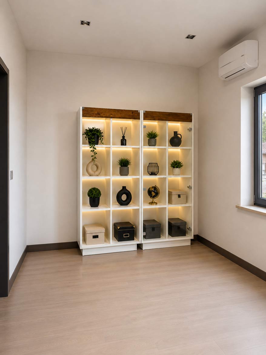Ein Regal mit LED-Beleuchtung und eine Vitrine für das Wohnzimmer von Frau Agata aus Warschau