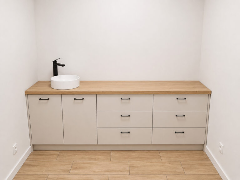 Ein großer, maßgefertigter Waschtischunterschrank, der von Wand zu Wand reicht